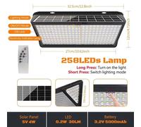 Lampe solaire - Applique murale LED - 258 LED - 3 modes d'éclairage - Télécommande - Étanchité IP65 - Pour extérieur