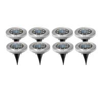 Lampe solaire argentée Lampe d'extérieur ronde, lampe de terrasse LED jardin Lampe de sol résistante aux intempéries, acier inoxydable, 8x LED blanc chaud, DxH 11,5x13cm, set de 8 pièces