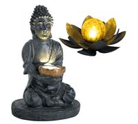 Lampe solaire Bouddha Feng Shui extérieur fleur solaire extérieur fleur de lotus solaire verre craquelé, gris, ampoules LED, 1x lotus 1x bouddha, lot de 2