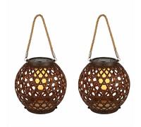 Lampe solaire boule aspect rouille solaire jardin effet feu extérieur lampe solaire corde de chanvre, à suspendre/à poser, LED blanc chaud, DxH 20x36, lot de 2