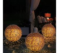 Lampe solaire d'extérieur, boule solaire décoration jardin, lampe solaire rouille, piquet de sol, poinçonnage décoratif floral, métal, LED blanc chaud, D 20 cm, lot de 3