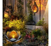 Lampe solaire Fleur de lotus Lampe solaire orientale Flamme Décoration jardin Fleur, boule de verre craquelée, effet lumineux, LED blanc chaud, lot de 2