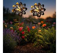 LED Lampe solaire Roue à vent Fiche de jardin Lampe extérieure Fleurs Design Lampe de terrasse, métal doré, argent rouillé, blanc chaud, LxlxH 23 x 12,5 x 92 cm, 2x