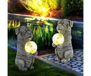 Lampe Solaire D'Extérieur Animal LED Chien Gris Crackle Boule de Verre Jardin