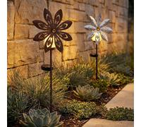 Lampe solaire LED Moulin à vent couleur rouille Décoration de jardin Lampe de terrasse argentée grise Lampe extérieure Piquet de terre, métal, verre brisé, blanc chaud, LxH 20x50 cm, lot de 2