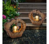 Lampe solaire d'extérieur jardin lampe solaire LED lampe solaire d'extérieur décoration de jardin arbre disque aspect bois marron, plastique, 1x LED blanc chaud, LxPxH 30,5x8,5x25,5 cm, lot de 2