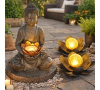 Lampe Solaire D'Extérieur Lotosblume Bouddha Figurine Gris Batterie LED 3er Set