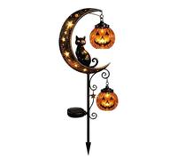Lampe solaire d'Halloween en forme de chat noir et citrouille sur piquet de lune - Étanche - Chaton noir sur croissant de lune avec lanterne citrouille à suspendre - Pour jardin, cour, terrasse