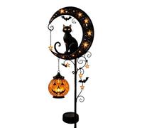 Lampe solaire d'Halloween en forme de chat noir et citrouille sur piquet de lune - Étanche - Chaton noir sur croissant de lune avec lanterne citrouille à suspendre - Pour jardin, cour, terrasse