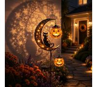 Lampe solaire d'Halloween en forme de chat noir et citrouille sur piquet pour jardin, décoration d'extérieur étanche à LED avec croissant de lune, décoration d'Halloween pour pelouse, jardin et allée
