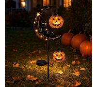 Lampe solaire d'Halloween en forme de croissant de lune en forme de chat noir et citrouille avec lanterne suspendue, étanche, décoration d'extérieur pour cour, patio, allée, porche