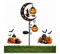 Lampe solaire d'Halloween en forme de sorcière noire et lune de citrouille sur piquet de jardin, décoration de cour à DEL étanche avec croissant de lune, lanterne citrouille à suspendre pour terrasse