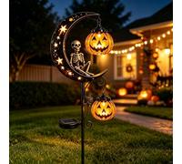 Lampe solaire d'Halloween en forme de tête de mort et lune de citrouille sur piquet - Décoration d'extérieur étanche à LED avec croissant de lune - Décorations avec lanterne citrouilles pour terrasse