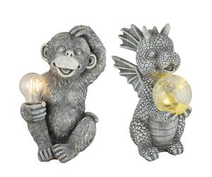 Lampe solaire dragon boule décoration jardin animal gris sculpture singe lampe solaire, plastique, LED blanc chaud, lot de 2