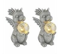 Lampe solaire dragon Décoration de jardin figure animale grise Lampe solaire boule verre brisé dragon, LED blanc chaud, LxlxH 19x13,5x27,5 cm, set de 2