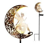 Lampe solaire en forme de fée sur un croissant de lune, 84 cm, métal, LED, lumière blanche chaude, étanche