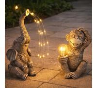 Lampe solaire Singe Boule Décoration de jardin Figure animale Aspect pierre Lampe solaire Éléphant, gris, LED blanc chaud, lot de 2