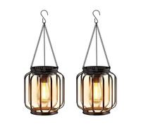 Lampe Solaire Exterieur Suspendue, Lanterne Solaire Exterieur Métal avec Chaîne et Crochet, IP65 Étanche Lanterne Cylindrique Decorative à Suspendre pour Terrasse Balcon Cour Jardin, lot de 2