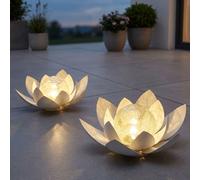 Fleur de lotus LED Décoration de jardin Lampe solaire Lampe solaire d'extérieur Lampe de table, métal blanc verre craquelé, DxH 27,6 x 12 cm, Set de 2