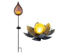 Lampe solaire Fleur de lotus Lampe solaire orientale Flamme Décoration jardin Fleur, boule de verre craquelée, effet lumineux, LED blanc chaud, lot de 2