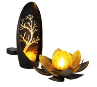 Lampe solaire fleur de lotus lampes décoratives de jardin extérieur lampe solaire extérieure fleur solaire, effet de lumière verre craquelé, 1x fleur de lotus 1x lampadaire, LED blanc chaud, lot de 2