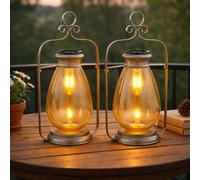 Lampe solaire LED Lanterne extérieure Décoration de jardin Lampe de balcon, métal verre ambre argenté, accu IP44 résistant aux intempéries, 3000K blanc chaud, H 36,5 cm, set de 2 pièces