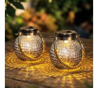 LED Solar Lanterne de jardin suspendue Lampe de terrasse Lampe d'extérieur Lampe de table, verre transparent, blanc chaud, D 10,5 x 12,5 cm, 2 pièces