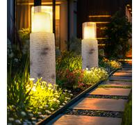 Lampe solaire LED d'extérieur, lampe solaire de jardin, lampe de table, lampe de terrasse, aspect bois, verre plastique blanc, batterie incluse 6-8h, 1200K, H 43,5 cm, lot de 2