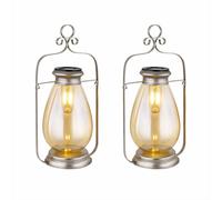 Lampe solaire LED Lanterne extérieure Décoration de jardin Lampe de balcon, métal verre ambre argenté, accu IP44 résistant aux intempéries, 3000K blanc chaud, H 36,5 cm, set de 2 pièces