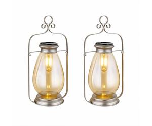 Lampe solaire LED Lanterne extérieure Décoration de jardin Lampe de balcon, métal verre ambre argenté, accu IP44 résistant aux intempéries, 3000K blanc chaud, H 36,5 cm, set de 2 pièces