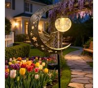 Lampe solaire sur piquet de jardin en forme de colibri en forme de lune - Lampe solaire étanche en demi-lune LED pour décoration d'allée, boule de verre craquelé en forme de croissant en métal pour