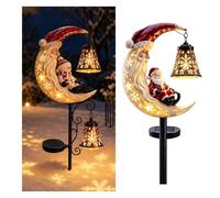 Lampe solaire sur piquet de Noël Père Noël lune 25,4 cm | Lanterne Père Noël et bonhomme de neige en résine imperméable avec cloches suspendues Décoration chaude pour jardin, terrasse