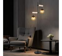 Lampadaire, lampadaire, lampe d'appoint, lampe de salon, réglable en hauteur, bois naturel, abat-jour en verre, ambre, métal noir, 2x douilles E27, LxPxH 51x25x168cm