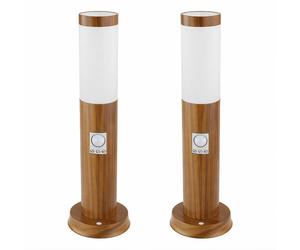 Lampe sur pied Lampe de socle avec détecteur de mouvement imitation bois Borne extérieure Acier inoxydable, plastique blanc, 1x E27, DxH 7,6 x 45 cm, lot de 2