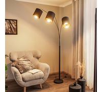 Lampe sur pied Lindby Nanika, à 3 lampes, noir/doré, 200 cm, E27 Nanika, noir, Salon / Salle à manger, Métal, Moderne, Lampadaire Tissu