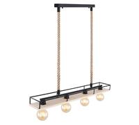 Lampe suspendue en bois, plafonnier de salon avec corde de chanvre, plaque de cadre en métal noir, 4x E27, LxH 95x120 cm