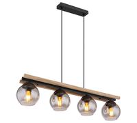 Lampe suspendue lampe de salon lampe de salle à manger, métal chêne bois verre fumée, 4 flammes, E27, H 120 cm