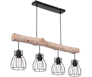 Lampe suspendue LED avec poutre en bois, 4 flammes, lampe de table à manger design cage, métal noir, 4x 7W 4x 806lm blanc chaud, LxH 82,5 x 140 cm