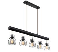 Lampe suspension bâton en bois suspension lampe de table à manger en bois vintage lampe suspension avec cinq abat-jour cage, métal noir mat, 5x E27, LxlxH 104x13,6x140 cm