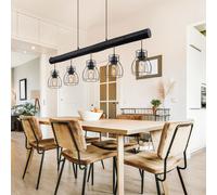Lampe suspension bâton en bois suspension lampe de table à manger en bois vintage lampe suspension avec cinq abat-jour cage, métal noir mat, 5x E27, LxlxH 104x13,6x140 cm