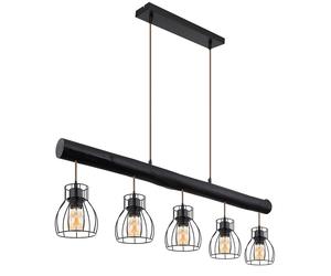 Lampe suspension bâton en bois suspension lampe de table à manger en bois vintage lampe suspension avec cinq abat-jour cage, métal noir mat, 5x E27, LxlxH 104x13,6x140 cm