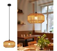 Lampe suspension rotin naturel NETTLIFE 1 lumière, Design bohème chic métal noir, Court, Luminaire E27 pour salle à manger salon