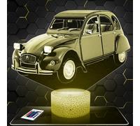 Lampephoto.fr - Lampe 2 CV Veilleuse 3D Voiture de collection | Fait en France, Socle au Choix, Luminosité Ajustable, Piles/USB, Gravure HD au Laser, Idée cadeau Homme, Fan de Voiture