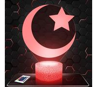 Lampephoto.fr - Lampe Croissant Lune Eid Veilleuse 3D Islam, Coran | Fait en France, Socle au Choix, Luminosité Ajustable, Piles ou USB, Gravure HD au Laser, Idée cadeau Musulman, Islam