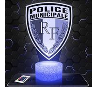 Lampephoto.fr - Lampe Logo Police Municipale Veilleuse Tactile 3D Policier | Fait en France, Socle Choix, Luminosité Ajustable, Piles ou USB, Gravure HD au Laser, Idée cadeau Policier, Forces de l'ordre