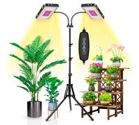Lampes de culture pour plantes d'intérieur, double tête LED à spectre complet 200 W, minuterie de mise en marche/arrêt automatique, 6 niveaux de luminosité réglables, 3 modes de fonctionnement, trépie