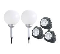 Lampes de décoration de jardin aspect pierre Lampes solaires pour jardin extérieur Boule de décoration de terrasse à LED solaire, plastique blanc gris, LED blanc chaud, lot de 5