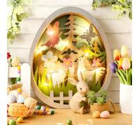 Lampes d'œufs Lapins de Pâques 3D en Bois, Table Décoration de Pâques avec Guirlande Lumineuse LED, Veilleuse en Bois de Poussin avec Lumière Chaude, Décoration de Printemps pour Maison et Jardin