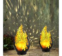 Lampes solaires de décoration de jardin pour l'extérieur, décoration de balcon extérieur boule de verre optique flamme or noir, batterie métal IP44, 1x LED, LxlxH 16,5x12,5x26,5 cm, lot de 2