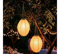 Lampion solaire LED ovale 33 x 22 cm en nylon - Lot de 2 - Éclairage de jardin décorative blanc chaud - Lanterne solaire boule lumineuse décorative éclairage de fête pour extérieur résistant aux